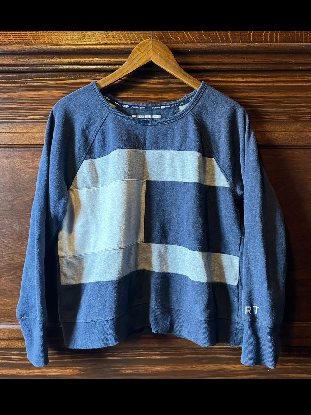 Tommy Hilfiger Sport Blue Gray Striped Colorblock Crewneck Sweatshirt Size Large